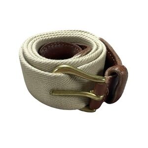 Coach 3880 Belt Mens 38 Beige Canvas Web Military Brown Leather Brass Buckle
